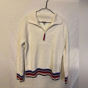 Talbots Womens Medium Sweater Cream 1/4 Zip Ribbed Heavy Rainbow Color p2p 22”